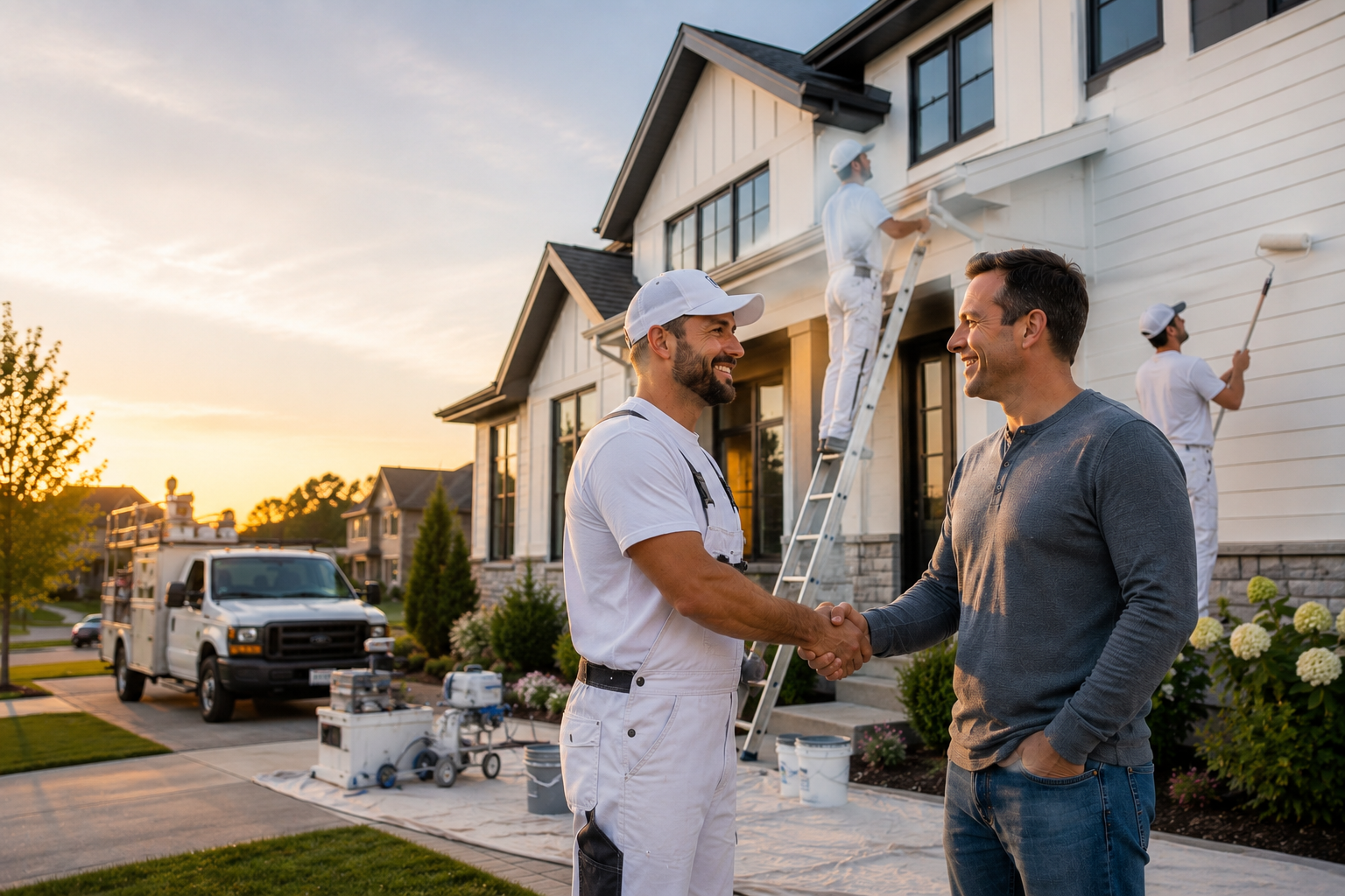 Painting contractor shaking hands with a happy homeowner in front of a freshly painted house